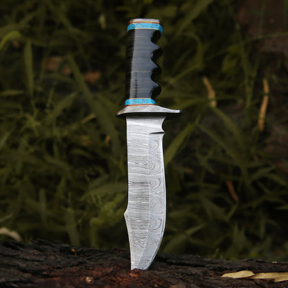Snowfall Survival Knife Damascus Steel - Trailing Point Blade with Turquoise & Leather Handle
