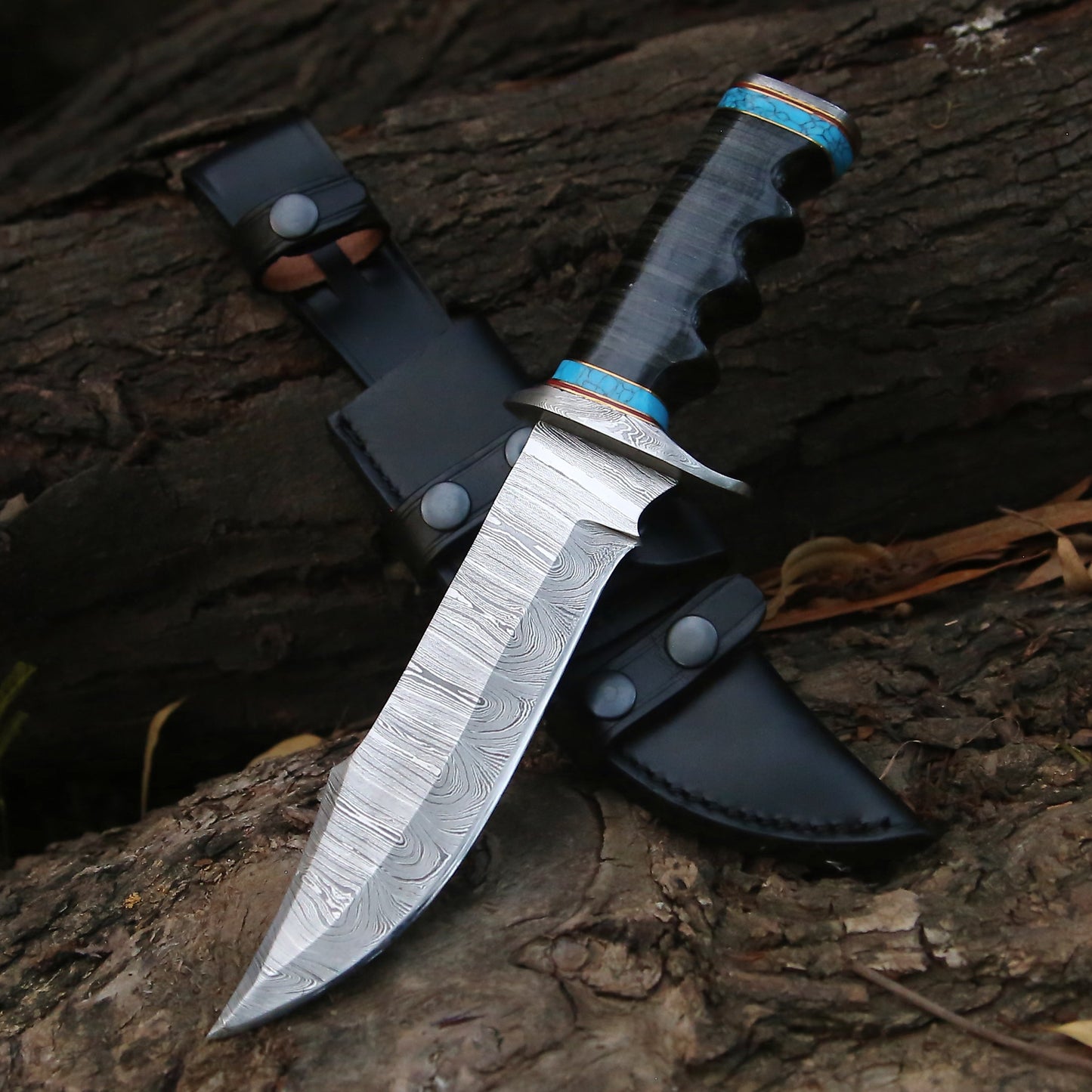 Snowfall Survival Knife Damascus Steel - Trailing Point Blade with Turquoise & Leather Handle