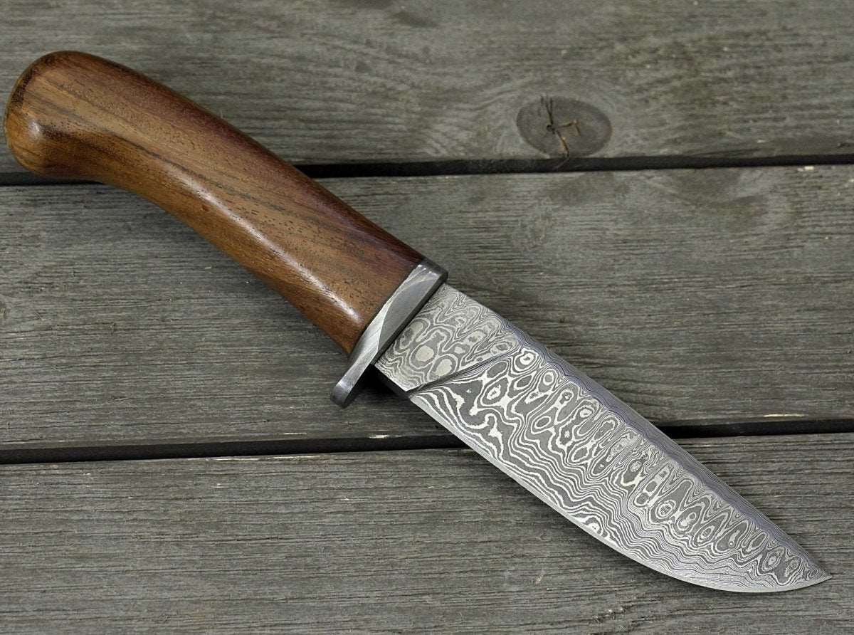 Clemence Damascus Engraved Hunting Knife with Exotic Rose Wood handle & Sheath