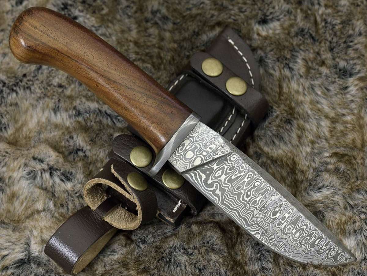 Clemence Damascus Engraved Hunting Knife with Exotic Rose Wood handle & Sheath