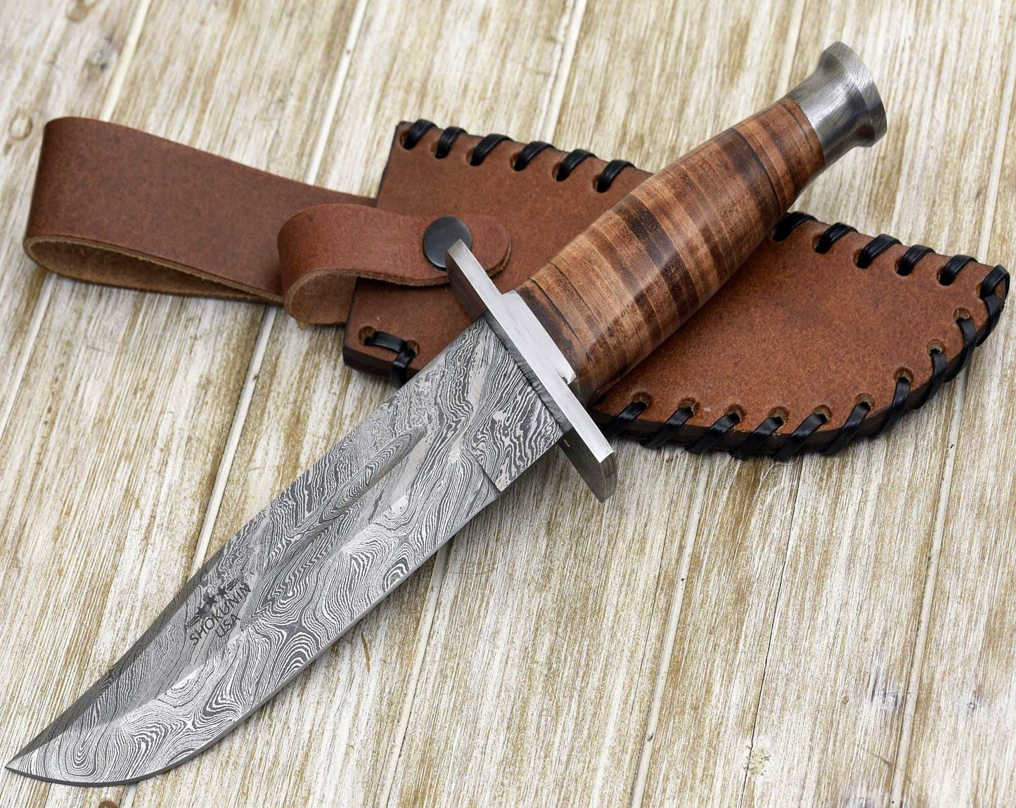 Firestorm Ka-Bar Knife - Damascus Steel Knife with Sheath - Personalized