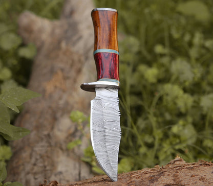 Damascus Bowie Knife for Hunting Skinning Camping Survival & Fishing w/ Sheath